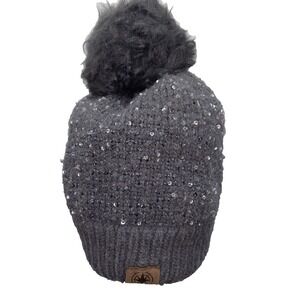 Fanes Paul Glitz Beanie Cap Gray Sequin Leather Logo Pom